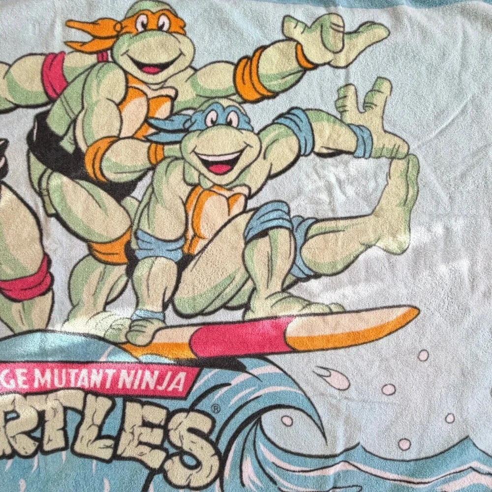 Vintage 90s TMNT Beach Towel Kids Blue Ninja Turtles Surfing Cotton Novelty